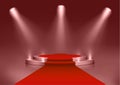 Round podium illuminated by searchlights. Royalty Free Stock Photo