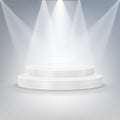 Round podium illuminated by searchlights. Vector illustration. Royalty Free Stock Photo