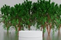 Round podium pedestal with group of tree background for product show, 3D rendering