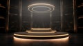 Round podium, pedestal or platform, illuminated by led spotlights. Royalty Free Stock Photo