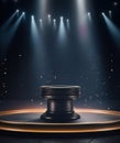 Round podium pedestal or platform illuminated by spotlight. Shiny display background for your products.