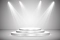 Round podium, pedestal or platform illuminated by spotlights on grey background. Stage with scenic lights. Vector illustration Royalty Free Stock Photo