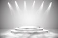 Round podium, pedestal or platform illuminated by spotlights on grey background. Stage with scenic lights. Vector illustration. Royalty Free Stock Photo