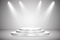 Round podium, pedestal or platform illuminated by spotlights on grey background. Stage with scenic lights. Vector Royalty Free Stock Photo