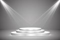 Round podium, pedestal or platform illuminated by spotlights on grey background. Stage with scenic lights. Vector Royalty Free Stock Photo