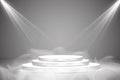 Round podium, pedestal or platform illuminated by spotlights on grey background. Stage with scenic lights. Vector Royalty Free Stock Photo