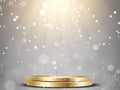 Round podium, pedestal or platform illuminated by spotlights on white background. Stage with scenic lights. Vector illustration. Royalty Free Stock Photo