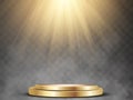 Round podium, pedestal or platform illuminated by spotlights on white background. Stage with scenic lights. Vector illustration. Royalty Free Stock Photo