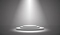 Round podium, pedestal or platform illuminated by spotlights on white background. Stage with scenic lights. Vector Royalty Free Stock Photo