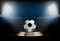 Round podium with soccer ball. Football pedestal for award ceremony. Platform illuminated by spotlights. Vector illustration