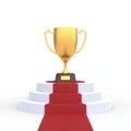 Round podium with trophy cup and red carpet isolated on white background Royalty Free Stock Photo