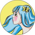 Round portrait of young cute woman with blue hair