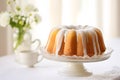 Round pound cake baked in bundt cake mold on table