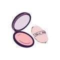 Round powder packaging with sponge. Open compacts, cute blush. Beauty accessory. Professional visage supplies