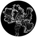 Round print featuring a large lush iris flower with white lines on a black background