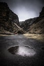 Round puddle and rain on a stony rocky mountain landscape of Iceland. Toned