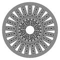 Round radial greek mandala pattern. Black and white monochrome tribal background. Ethnic geometric abstract ornament