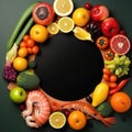 Round rainbow colored composition with black empty paper and fresh seafood with vegetables arrangement. AI generative illustration