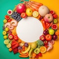 Round rainbow colored composition with white empty paper and fresh fish with vegetables. AI generative illustration Royalty Free Stock Photo