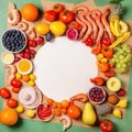 Round rainbow colored composition with white empty paper and fresh fish with vegetables. AI generative illustration Royalty Free Stock Photo