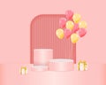 Round realistic stand on pedestal geometric glow. Composition design with gift boxes, and balloons.