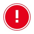 Round red exclamation point icon, button, attention symbol on white background Royalty Free Stock Photo