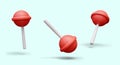 Round red lollipop on stick. Classic caramel sweets. Sugar dessert with berry taste