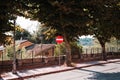 A round red no entry road sign on a sidewalk Corinaldo, Marche, Italy Royalty Free Stock Photo