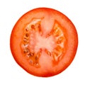 Round red plum-shaped tomato cut into a lumen on a white background