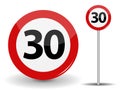 Round Red Road Sign Speed limit 30 kilometers per hour. Vector Illustration. Royalty Free Stock Photo