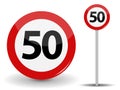 Round Red Road Sign Speed limit 50 kilometers per hour. Vector Illustration. Royalty Free Stock Photo