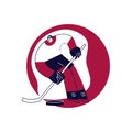 Round red template with male Hockey player.