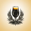 vintage logo emblem symbol of a glass of golden foamy beer with malt and hops on yellow background