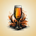 vintage logo emblem symbol of a glass of golden foamy beer with malt and hops on yellow background