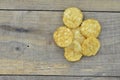 Round rice cakes on wooden background Royalty Free Stock Photo