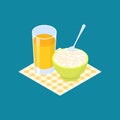 Round rice Porridge and fruit juice. Breakfast Healthy food. Vector illustration