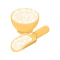 Round rice in wooden bowl and spoon. Groats in wood dish and shovel. Grain on white background. Vector illustration