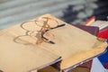 Round-rimmed glasses with gold frames rest on an old open book Royalty Free Stock Photo