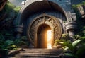 round rock entrance to a mysterious tropical rock temple, magic inscription on the door, fantasy art and painting, Royalty Free Stock Photo