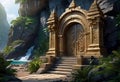 round rock entrance to a mysterious tropical rock temple, magic inscription on the door, fantasy art and painting, Royalty Free Stock Photo