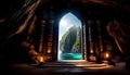 round rock entrance to a mysterious tropical rock temple, magic inscription on the door, fantasy art and painting, Royalty Free Stock Photo