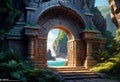 round rock entrance to a mysterious tropical rock temple, magic inscription on the door, fantasy art and painting, Royalty Free Stock Photo