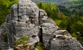 Round rock formations attract climbers. sandstone rock towers polished by wind erosion. deciduous, mixed forest with beeches in ea Royalty Free Stock Photo