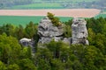 Round rock formations attract climbers. sandstone rock towers polished by wind erosion. deciduous, mixed forest with beeches in ea Royalty Free Stock Photo