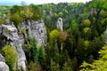 Round rock formations attract climbers. sandstone rock towers polished by wind erosion. deciduous, mixed forest with beeches in ea Royalty Free Stock Photo