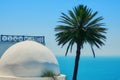 Round roof Arab house, sea and palm in Sidi Bou Said, Tunisia Royalty Free Stock Photo