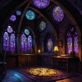 Round room with stained glass in an ancient medieval castle, large beautiful stained glass windows with purple light,