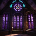 Round room with stained glass in an ancient medieval castle, large beautiful stained glass windows with purple light,