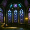 Round room with stained glass in an ancient medieval castle, large beautiful stained glass windows with purple light,