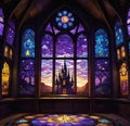 Round room with stained glass in an ancient medieval castle, large beautiful stained glass windows with purple light,